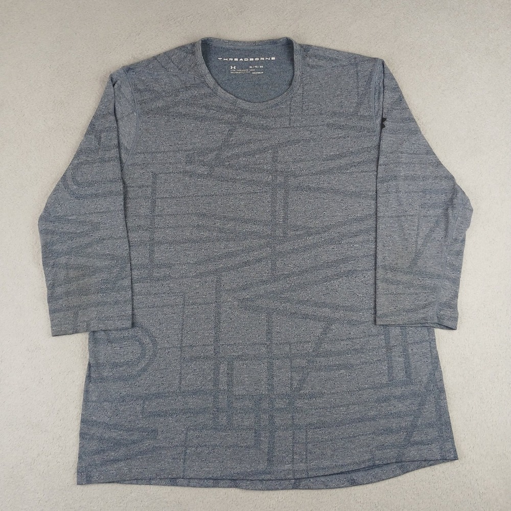Under Armour Threadborne Shirt Mens XL Blue Graphic 3/4 Sleeve Fitted HeatGear